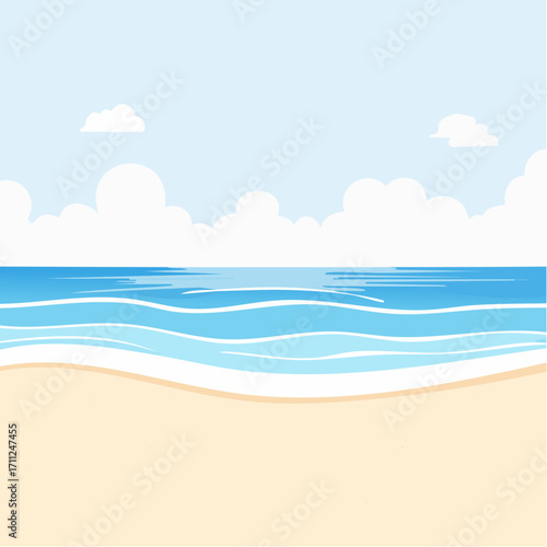 A serene beach scene with gentle waves lapping at the shore under a light blue sky with fluffy white clouds.