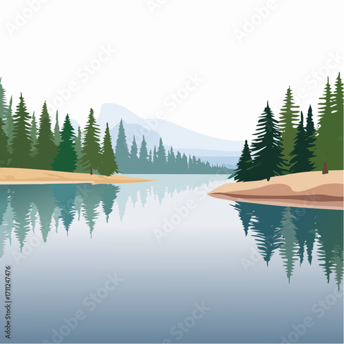 Serene lake scene with evergreen trees, sandy shores, and distant mountains under a bright white sky.