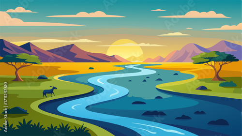 A serene scene of a lazy river winding its way through the savannah reflecting the picturesque landscape and providing a source of life for the animals that call it home.