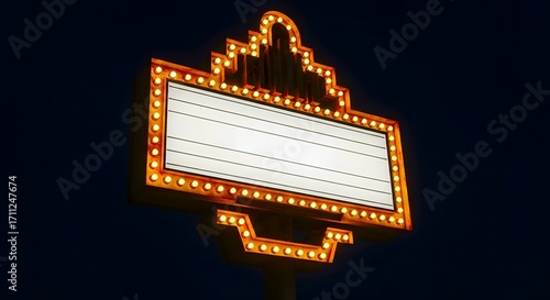 Blank Retro Marquee Sign with Lights at Night