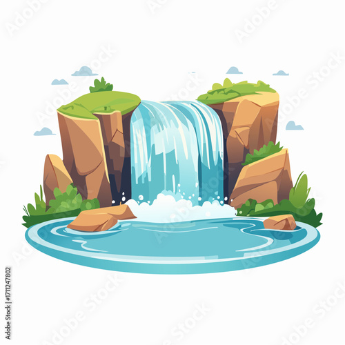 Cartoon-style illustration of a waterfall cascading over a rocky cliff into a serene pool of water surrounded by lush greenery and scattered clouds.