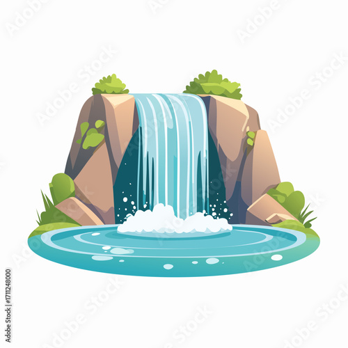Cartoon-style illustration of a waterfall cascading down a rocky cliff into a serene pool with lush greenery, against a clean white background.