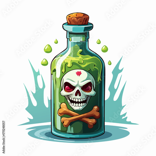 A whimsical illustration of a potion bottle with a skull and crossbones, suggesting a magical or hazardous concoction