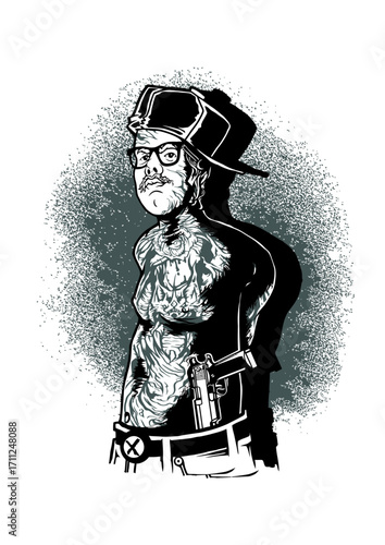 Tattooed Man with Glasses Hat and Gun in Vector Illustration.