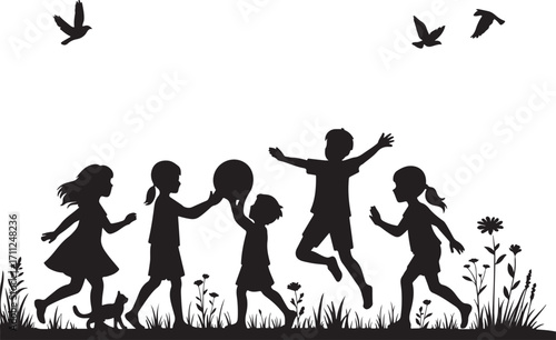 Silhouette Playtime: Playful children engaged in a spirited game with a ball, captured in a black silhouette. The scene evokes a sense of freedom, innocence, and joyful activity.
