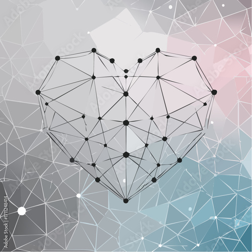 Polygonal love valentine heart made of connected lines and dots on blurred gradient multicolor background for greeting card. Valentine's Day holiday banner concept.