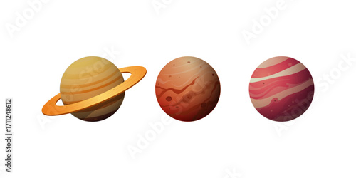 Vector set of astronomy icons with realistic style planets of the solar system, stars, meteors, and space exploration elements for observatory education