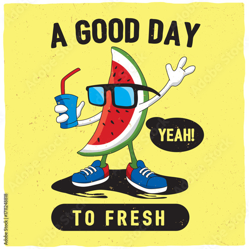 Watermelon Slice Character Posing with Sunglasses and Drink Ready for a Good Day.