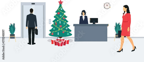 Festive office Christmas scene with employees, gifts, and a decorated tree during the holidays