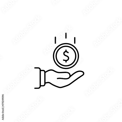 Receiving money line icon with a hand and a dollar coin. A simple vector symbol for income, payment, donation, and financial concepts