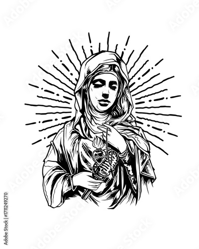 Black and White Ink Drawing of a Sorrowful Virgin Mary Holding a Sacred Heart.