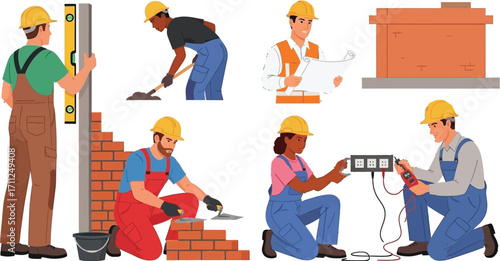 Construction workers building a house, bricklaying, electrical work, blueprints, and leveling.