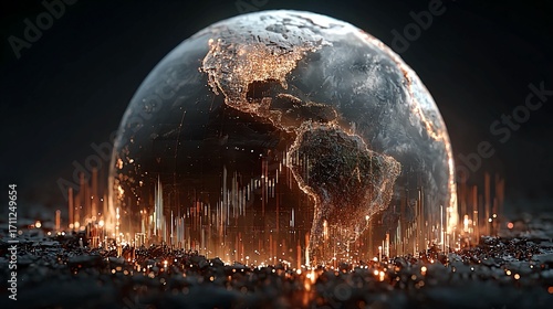 Dynamic digital globe pulses with vibrant energy, symbolizing global connectivity, innovation, and the interconnectedness of modern technology in a dark, futuristic landscape.