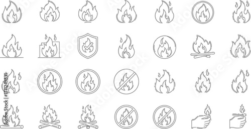 Dynamic fire icons representing heat, danger, safety, and burning for versatile design needs