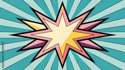 Vibrant pop art explosion/starburst graphic on a teal sunburst background. Ideal for comics, retro designs, sales, promotions, and dynamic headlines. High-impact, abstract vector.