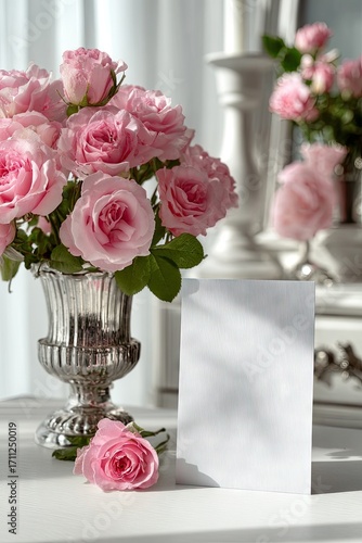 Pink roses in a silver vase, beside a blank card