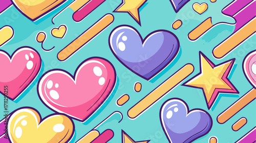 A playful, cartoonish seamless pattern with a retro 1990s aesthetic. It features colorful, glossy hearts and yellow stars scattered across a teal background with dynamic, diagonal geometric shapes and