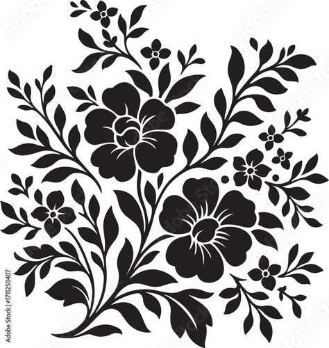Elegant Floral Silhouette: A graceful, intricately designed silhouette of blooming flowers and lush foliage, capturing the timeless beauty of nature's artistry. 