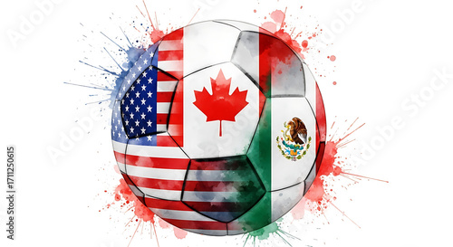 A soccer ball featuring flags of United States, Canada, and Mexico, with artistic paint splatter. 