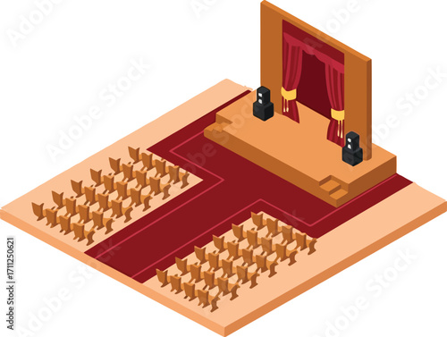 Isometric view of stage and auditorium ready for presentation or performance