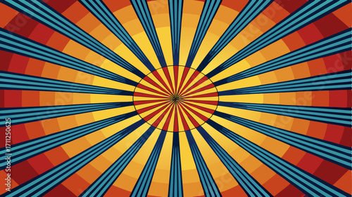 A mesmerizing pop art background with a central sunburst pattern of colorful rays. The design has a radiating, kaleidoscopic effect, blending a retro aesthetic with a hypnotic sense of depth and motio