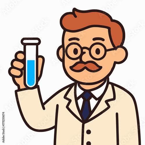 A vector illustration of a science teacher holding a test tube, with solid colors and a white background