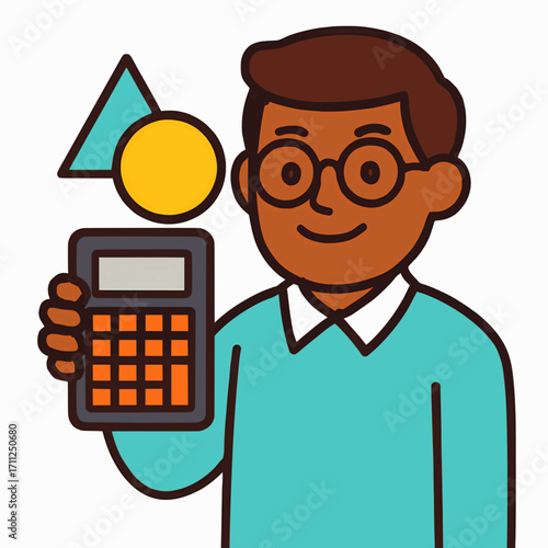 A vector illustration of a math teacher with a calculator and geometric shapes, with solid colors and a white background