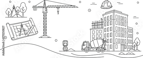 Construction project design and development with building blueprints and concrete mixer truck