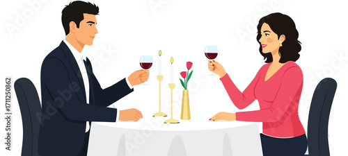 Romantic date night with wine cheers in restaurant setting, city backdrop, elegant celebration