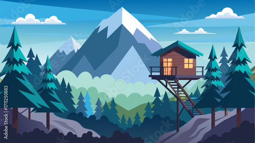 A treehouse perched high in the treetops with a magical view of the mountains and a serene and secluded ambience.