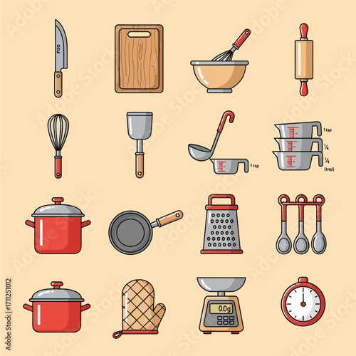 A vibrant flat line icon set of essential kitchen tools for culinary and cooking design