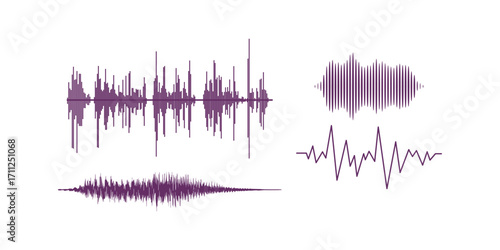 High quality vector illustration of sound waves and audio waveform equalizer bars. Abstract pulse, frequency and rhythm design on white background
