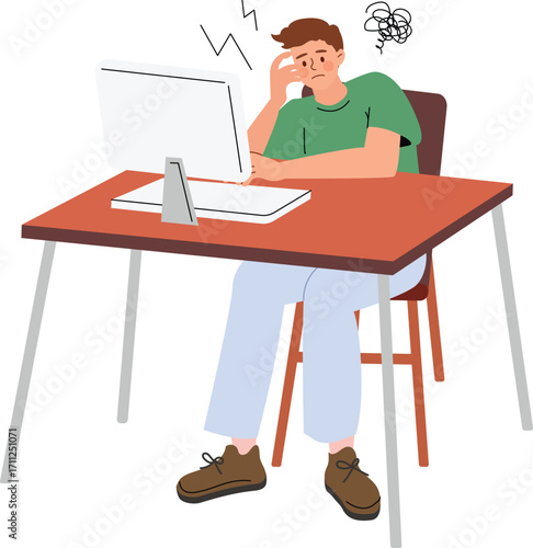Stressed man at desk in front of computer.
