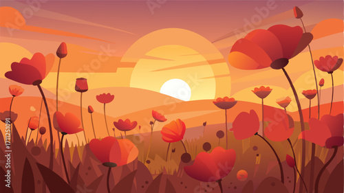 As the day draws to a close the poppy fields are bathed in the soft glow of the setting sun creating a romantic and magical atmosphere.