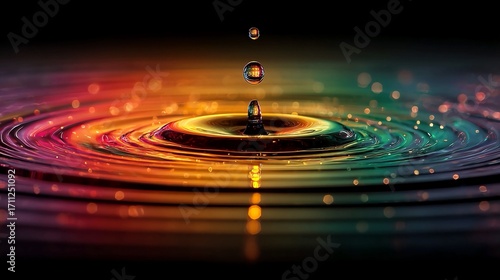 Mesmerizing water droplet impact creates vibrant, colorful ripples and shimmering bokeh lights, evoking a sense of wonder and dynamic energy for abstract backgrounds or conceptual designs.