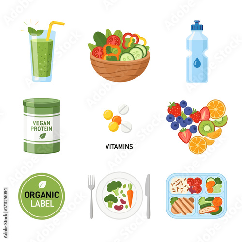 Diverse array of wholesome food, supplements, and drinks promoting a vibrant, healthy lifestyle