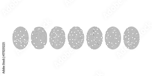 Collection of fingerprint icons in black vector style. Biometric identity, security login access identification and digital scanning symbols isolated on white