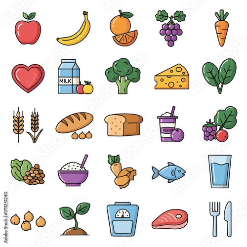 Colorful icon set of healthy food and nutrition for a balanced diet and wellness lifestyle
