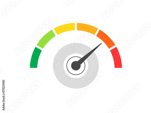 Vector speedometer meter with arrow indicator for dashboard showing green to red levels. Colorful performance gauge symbol for auto or machinery control