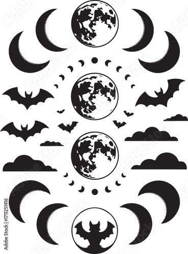 Celestial Halloween Silhouettes: Intricate, artistic composition of celestial bodies and nocturnal creatures, evoking an eerie yet enchanting ambiance.