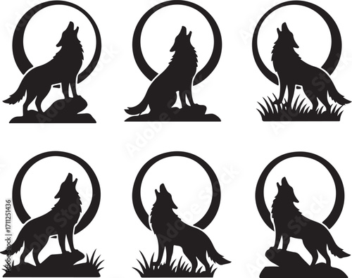 Howling Wolf Silhouette: A captivating monochrome display, where a pack of wolves raise their voices in a harmonious nocturnal serenade beneath the watchful eye of the moon.