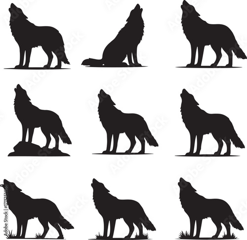Echoes in the Wilderness: A stark collection of silhouettes depicts a pack of wolves, each captured in mid-howl, against a crisp, stark backdrop, capturing the raw essence of the wilderness.