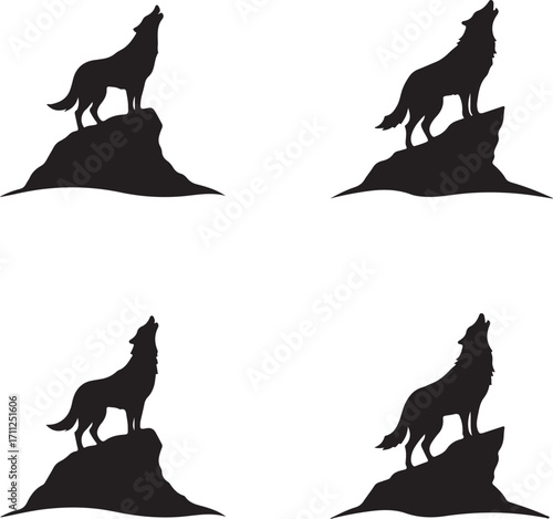 The Wolf's Serenade: A stark silhouette of a lone wolf perched atop a rugged rock, silhouetted against the sky, its head thrown back in a primal howl. Its voice echoes through the wilderness.