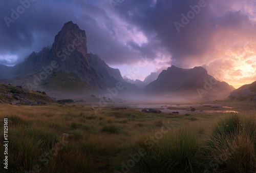 Majestic mountain peaks pierce stormy skies, bathed in ethereal dawn light, over serene valley of grassy fields and small, reflective pools