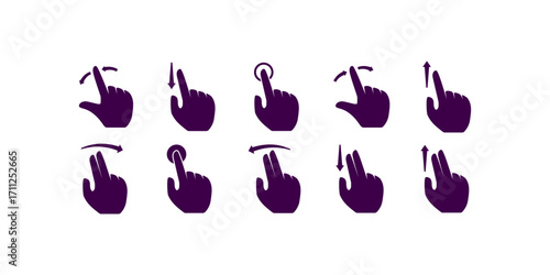 Comprehensive flat icons set representing hand gestures including tap, zoom, swipe, move, click for apps, interfaces, touch screens and digital user interaction design