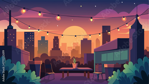 As the sun sets over the city the urban highrise garden comes alive with ling string lights creating a romantic and enchanting ambience.