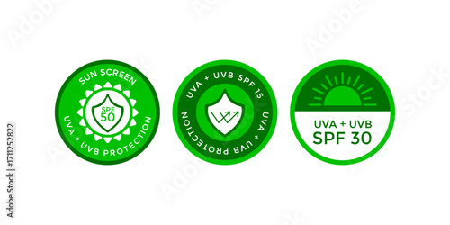 Flat UV icons pack in minimalist style for sun protection, skincare, sunscreen, solar radiation and ultraviolet indicator symbols in vector format for digital use