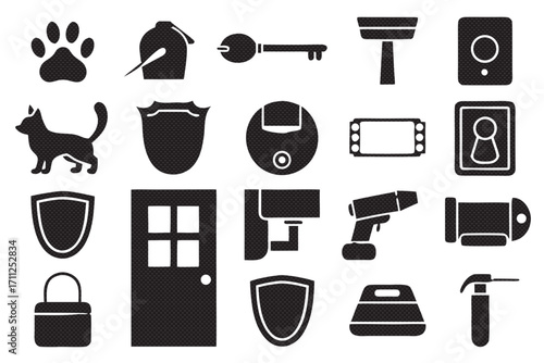 Security icons, featuring camera, key, lock, door, shield, and alarm for home protection and safety measures