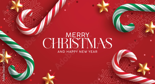 Christmas greeting card red clipart banner. Merry Christmas and Happy New year wishes clip art with candy cane and snowflakes decoration elements in red elegant background vector illustration.
