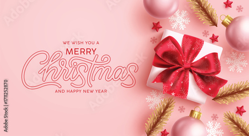 Christmas greeting card clipart banner. Merry Christmas and Happy New year wishes clip art with gif box, gold spruce and snowflakes decoration elements in pink elegant background vector illustration.
